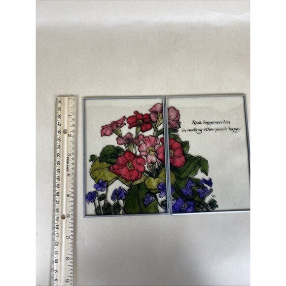 Rare Vintage Hand Painted Floral Stained Glass Folding Panel Art Deco Signed DML - Picture 4 of 7